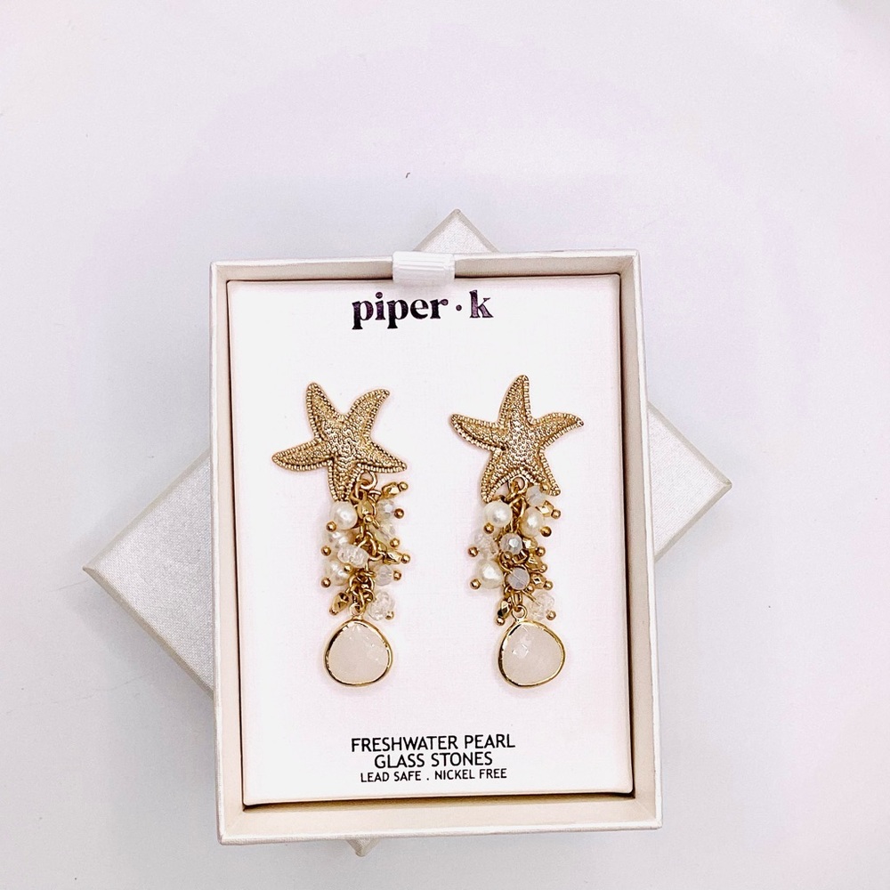 Piper K Gold Starfish Pearl Drop Earrings